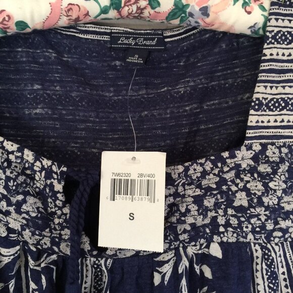 New Lucky Brand Womens Linen Blend Peasant Top Blouse Small 3/4 Sleeve Navy Boho - Picture 3 of 9